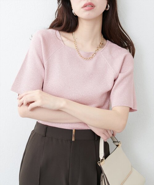 natural couture(ナチュラルクチュール)の「【WEB限定】スクエアネックリブ半袖ニット(ニット/セーター・レディース・ピンク/イエロー/サックスブルー/ブラック/オフホワイト・FREE)」の5枚目の写真