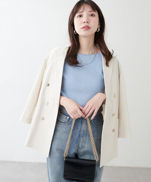 natural couture(ナチュラルクチュール)の「【WEB限定】スクエアネックリブ半袖ニット(ニット/セーター・レディース・ピンク/イエロー/サックスブルー/ブラック/オフホワイト・FREE)」の7枚目の写真