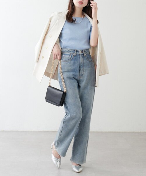 natural couture(ナチュラルクチュール)の「【WEB限定】スクエアネックリブ半袖ニット(ニット/セーター・レディース・ピンク/イエロー/サックスブルー/ブラック/オフホワイト・FREE)」の8枚目の写真