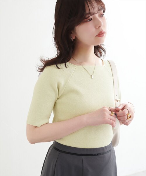 natural couture(ナチュラルクチュール)の「【WEB限定】スクエアネックリブ半袖ニット(ニット/セーター・レディース・ピンク/イエロー/サックスブルー/ブラック/オフホワイト・FREE)」の12枚目の写真
