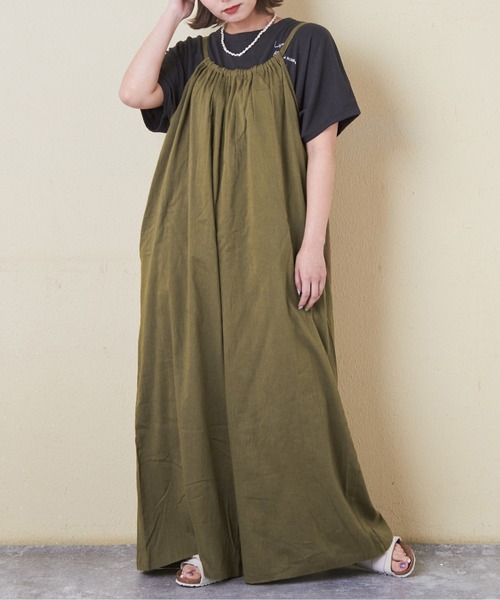 CUBE SUGAR（キューブシュガー）の「インドコットンギャザーワイドサロペット（サロペット/オーバーオール・レディース・ブラック/カーキ/ベージュ/イエロー/オレンジ・M）」の3枚目の写真