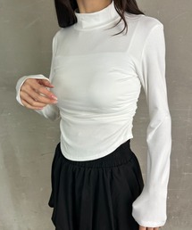 バックデザイン ハイネック サイドシャーリング ロングスリーブトップス