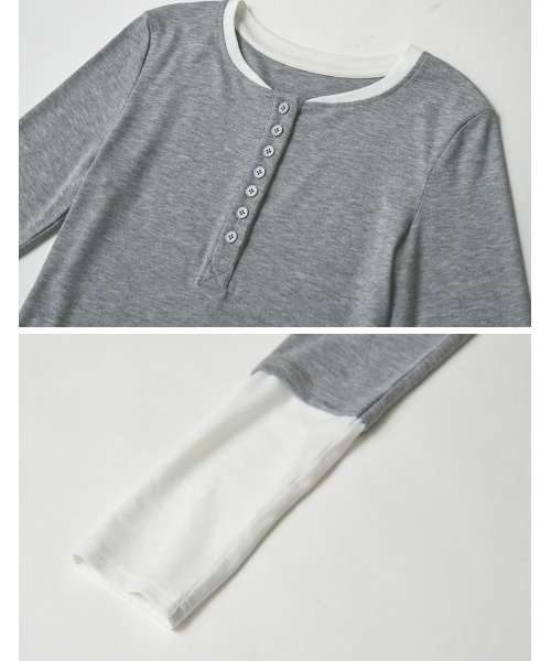 Re:EDIT(リエディ)の「配色レイヤード風ヘンリーネックニットトップス(Tシャツ/カットソー・レディース・グレー/ホワイト/チャコール・MEDIUM/LARGE)」の15枚目の写真