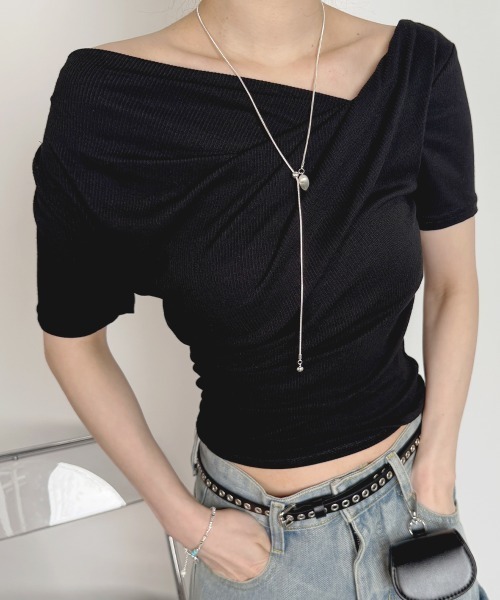 NANAHACHI(ナナハチ)の「ドレープリブTシャツ 半袖(Tシャツ/カットソー・レディース・ホワイト/ピンク/ブラック/ライトブルー・FREE)」の2枚目の写真