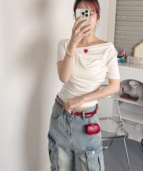 NANAHACHI(ナナハチ)の「ドレープリブTシャツ 半袖(Tシャツ/カットソー・レディース・ホワイト/ピンク/ブラック/ライトブルー・FREE)」の8枚目の写真