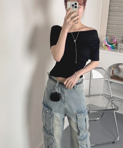 NANAHACHI(ナナハチ)の「ドレープリブTシャツ 半袖(Tシャツ/カットソー・レディース・ホワイト/ピンク/ブラック/ライトブルー・FREE)」の11枚目の写真