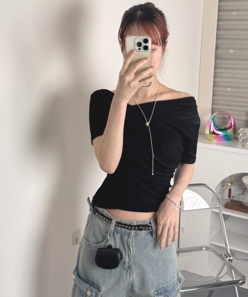 NANAHACHI(ナナハチ)の「ドレープリブTシャツ 半袖(Tシャツ/カットソー・レディース・ホワイト/ピンク/ブラック/ライトブルー・FREE)」の12枚目の写真