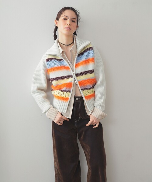 Ray BEAMS（レイビームス）の「【別注】BOUSSOLE / ボーダージップ ニット カーディガン（カーディガン/ボレロ・レディース・ブラウン/オフホワイト・ONE SIZE）」の7枚目の写真