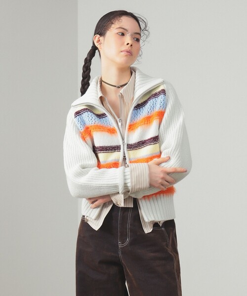 Ray BEAMS（レイビームス）の「【別注】BOUSSOLE / ボーダージップ ニット カーディガン（カーディガン/ボレロ・レディース・ブラウン/オフホワイト・ONE SIZE）」の8枚目の写真