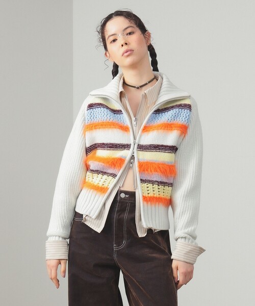 Ray BEAMS（レイビームス）の「【別注】BOUSSOLE / ボーダージップ ニット カーディガン（カーディガン/ボレロ・レディース・ブラウン/オフホワイト・ONE SIZE）」の9枚目の写真