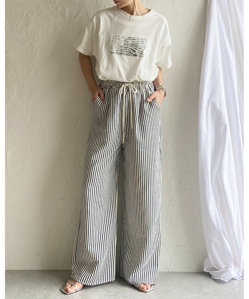 She's Closet(シーズクローゼット)の「コットンタッチ ストレート セミワイド ストライプパンツ イージーパンツ(その他パンツ・レディース・グリーン/ネイビー/ブラック/ブルー/グレー/ブラウン・FREE)」の20枚目の写真