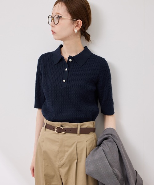 ROPE' PICNIC（ロペピクニック）の「ミニケーブルハーフスリーブニットポロシャツ（ポロシャツ・レディース・マスタード/ネイビー/キナリ/ダークブラウン・38）」の8枚目の写真