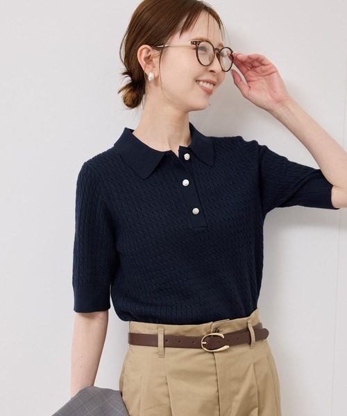 ROPE' PICNIC（ロペピクニック）の「ミニケーブルハーフスリーブニットポロシャツ（ポロシャツ・レディース・マスタード/ネイビー/キナリ/ダークブラウン・38）」の9枚目の写真