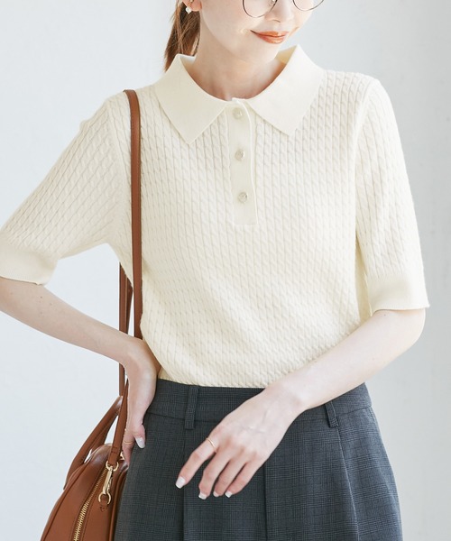 ROPE' PICNIC（ロペピクニック）の「ミニケーブルハーフスリーブニットポロシャツ（ポロシャツ・レディース・マスタード/ネイビー/キナリ/ダークブラウン・38）」の7枚目の写真