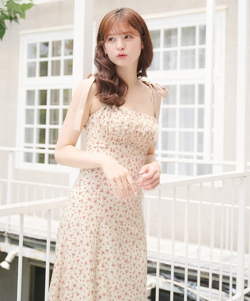 エピヌ　gather ribbon onepiece flower flower pattern ribbon cami onepiece / 花柄リボンキャミ