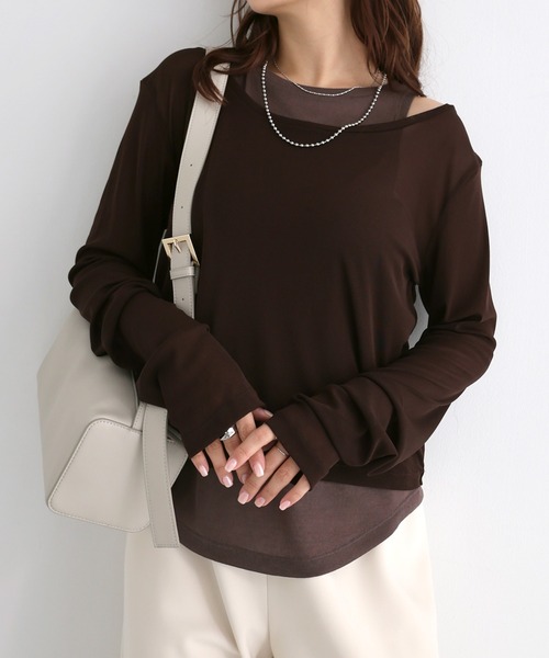 Freesia by andme（フリージアバイアンドミー）の「シアータンクレイヤード長袖トップス（Tシャツ/カットソー・レディース・グレー/オフホワイト/ブラウン/ブラック・FREE）」の4枚目の写真