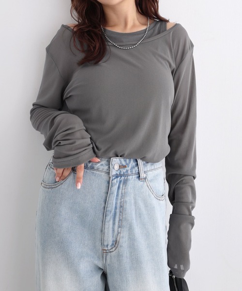 Freesia by andme（フリージアバイアンドミー）の「シアータンクレイヤード長袖トップス（Tシャツ/カットソー・レディース・グレー/オフホワイト/ブラウン/ブラック・FREE）」の18枚目の写真