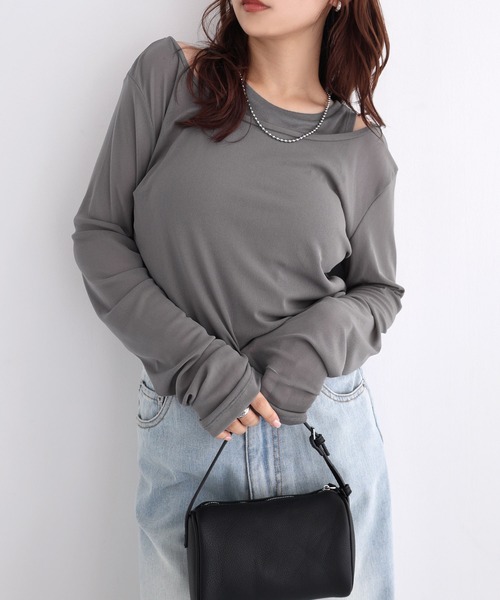 Freesia by andme（フリージアバイアンドミー）の「シアータンクレイヤード長袖トップス（Tシャツ/カットソー・レディース・グレー/オフホワイト/ブラウン/ブラック・FREE）」の13枚目の写真