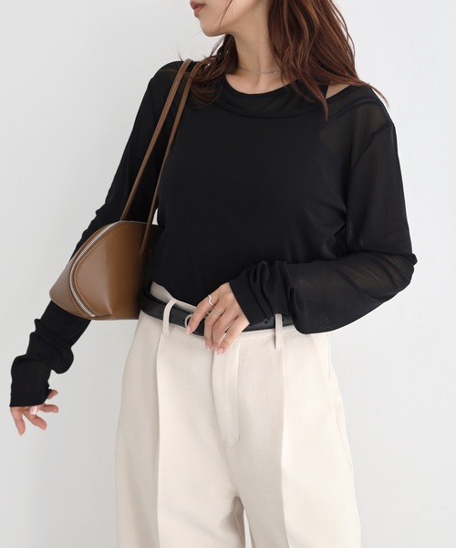 Freesia by andme（フリージアバイアンドミー）の「シアータンクレイヤード長袖トップス（Tシャツ/カットソー・レディース・グレー/オフホワイト/ブラウン/ブラック・FREE）」の7枚目の写真