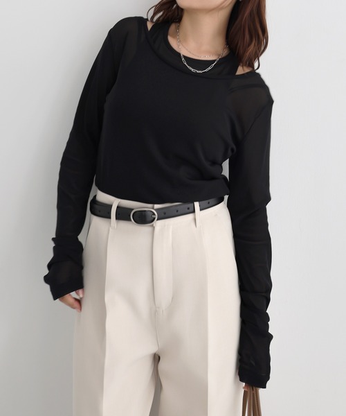 Freesia by andme（フリージアバイアンドミー）の「シアータンクレイヤード長袖トップス（Tシャツ/カットソー・レディース・グレー/オフホワイト/ブラウン/ブラック・FREE）」の5枚目の写真