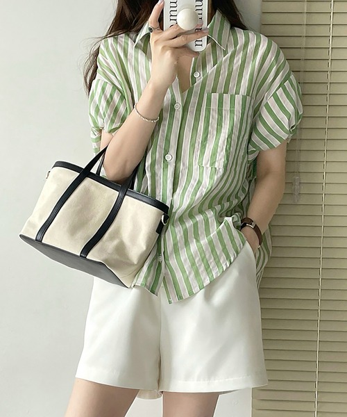 Doux Belle(ドゥーベル)の「半袖ストライプシャツ(シャツ/ブラウス・レディース・ブラック/グリーン・MEDIUM)」の18枚目の写真