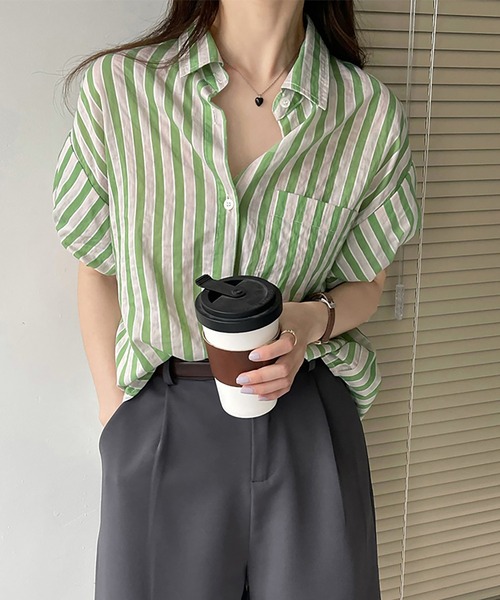 Doux Belle(ドゥーベル)の「半袖ストライプシャツ(シャツ/ブラウス・レディース・ブラック/グリーン・MEDIUM)」の19枚目の写真