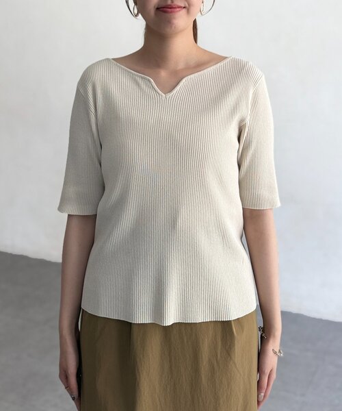 Chez toi（シェトワ）の「前後2WAY5分袖キーネックリブニット（ニット/セーター・レディース・ブラウン/ブラック/アイボリー/イエロー・FREE）」の15枚目の写真