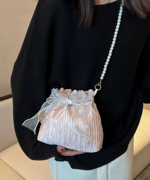 blackdia ocean(ブラックダイヤオーシャン)の「blackdia ocean パールストラップ リボン 巾着バッグ(ショルダーバッグ・レディース・ブラック/ホワイト/ピンク・FREE)」の10枚目の写真