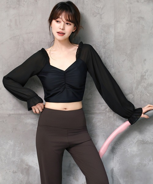 セール】レディース 長袖きれいめフリルヨガウェアトップス+ハイ
