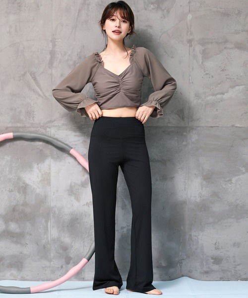 レディース 長袖きれいめフリルヨガウェアトップス+ハイウエスト