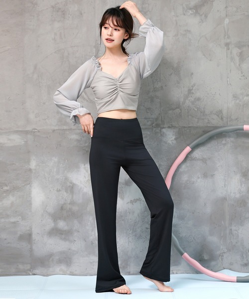 セール】レディース 長袖きれいめフリルヨガウェアトップス+ハイ