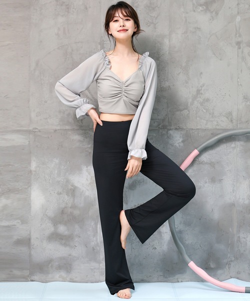 セール】レディース 長袖きれいめフリルヨガウェアトップス+ハイ