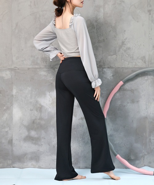 セール】レディース 長袖きれいめフリルヨガウェアトップス+ハイ