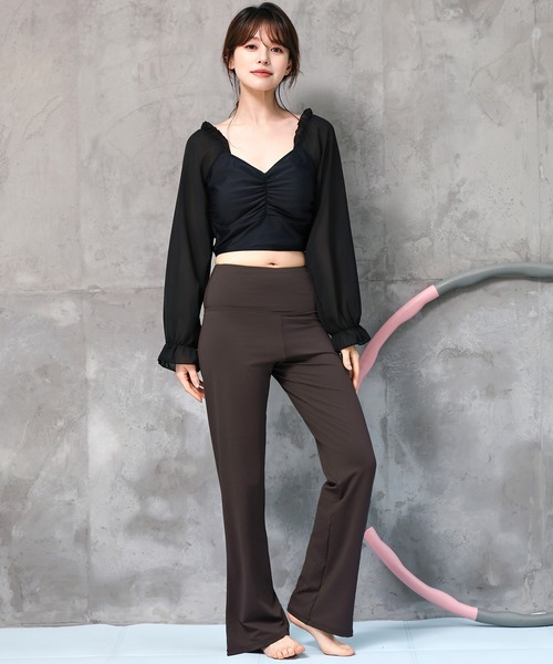 レディース 長袖きれいめフリルヨガウェアトップス+ハイウエスト