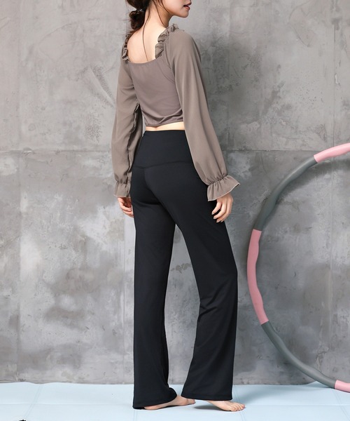 セール】レディース 長袖きれいめフリルヨガウェアトップス+ハイ