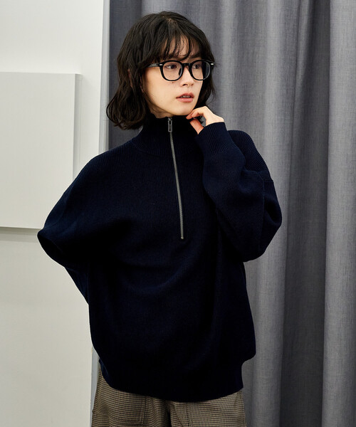 マシーンウォッシャブル＞シルク入り 畔編み ハーフジップニット