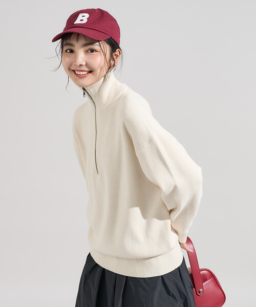 マシーンウォッシャブル＞シルク入り 畔編み ハーフジップニット