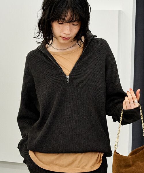 マシーンウォッシャブル＞シルク入り 畔編み ハーフジップニット