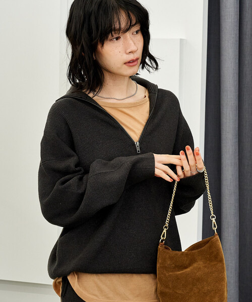 セール】＜マシーンウォッシャブル＞シルク入り 畔編み ハーフジップ