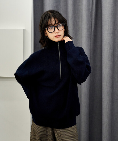 マシーンウォッシャブル＞シルク入り 畔編み ハーフジップニット