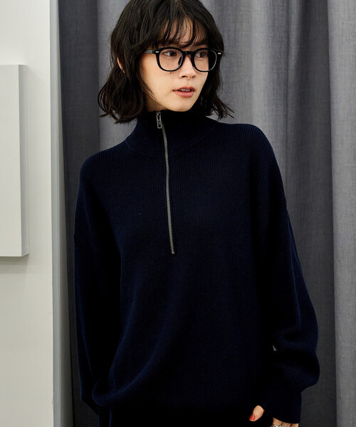 セール】＜マシーンウォッシャブル＞シルク入り 畔編み ハーフジップ