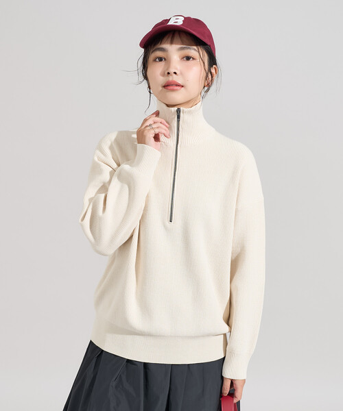 マシーンウォッシャブル＞シルク入り 畔編み ハーフジップニット