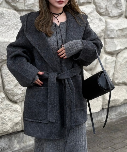 LAULEN（ローレン）の「cotton wool hooded middle coat /コットンウールフード付きミドルコート（その他アウター・レディース・チャコールグレー/マスタード/ベージュ・FREE）」の2枚目の写真