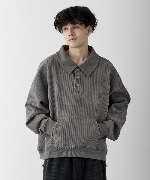RUUBON（ルーボン）の「【RUUBON】fleece lined corduroy polo sweat / フリースラインドコーデュロイポロスウェット（スウェット・メンズ・グレー/ブラック・S/M/L）」の2枚目の写真