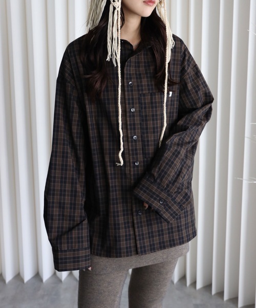 YENNA(イェンナ)の「【チェックオーバーシャツ】ワイドスリーブシャツ/ビックシャツ(シャツ/ブラウス・レディース・アイボリー/ブラック/ブラウン・FREE)」の13枚目の写真