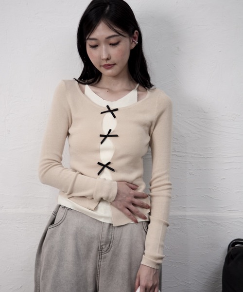 Y/lim(イリム)の「フロントスリットリボンレイヤードニット(ニット/セーター・レディース・ブラック/ベージュ/チャコール・FREE)」の20枚目の写真