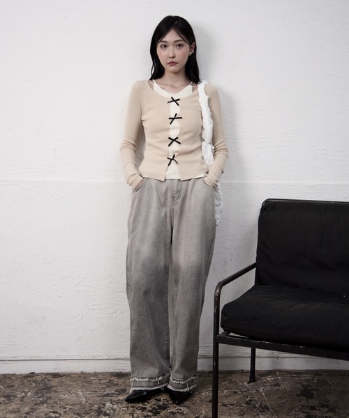 Y/lim(イリム)の「フロントスリットリボンレイヤードニット(ニット/セーター・レディース・ブラック/ベージュ/チャコール・FREE)」の10枚目の写真