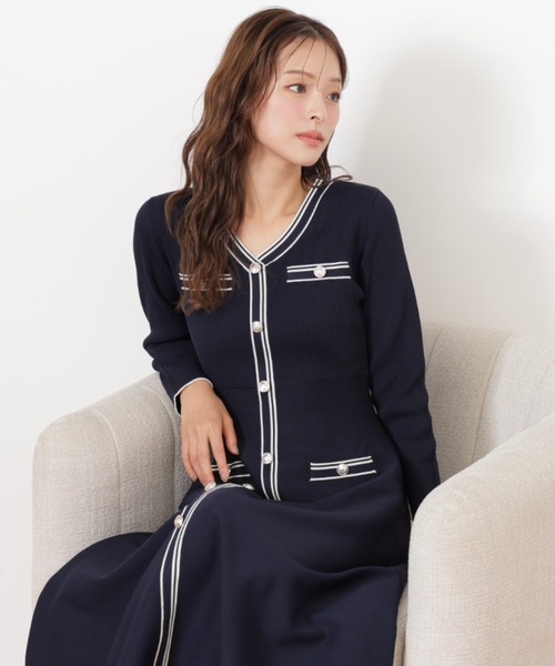 ◇Vネック配色ラインフレアワンピース（ワンピース）｜JILL by JILL