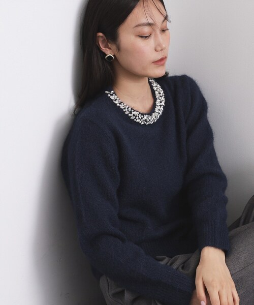 セール】ビジューネックミドルゲージニット【洗濯機OK】（ニット