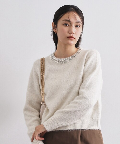 セール】ビジューネックミドルゲージニット【洗濯機OK】（ニット